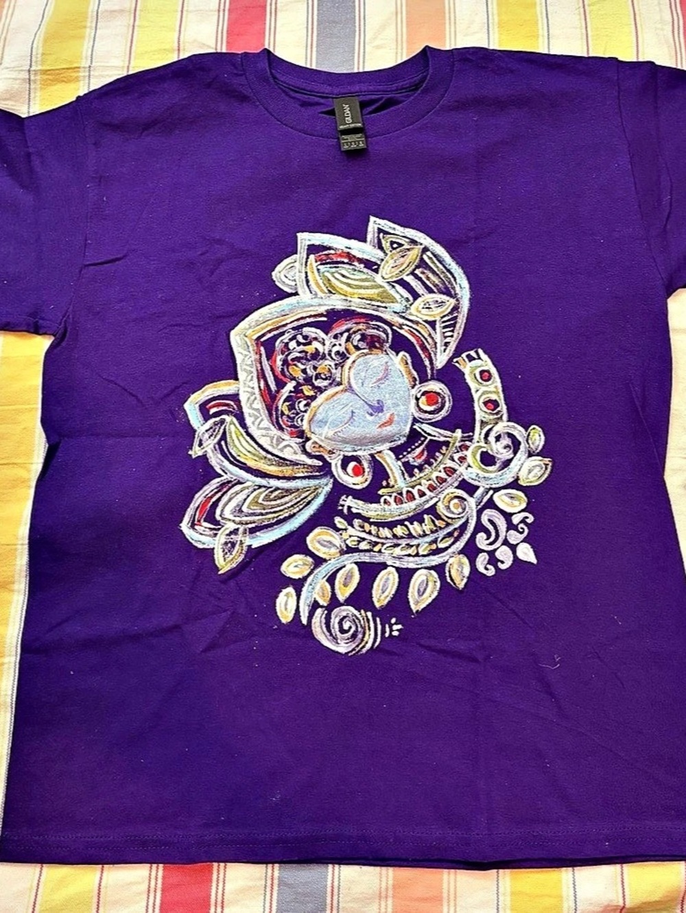 One-of-a-Kind Hand-Painted Purple Graphic T-Shirt – Colorful Abstract Art